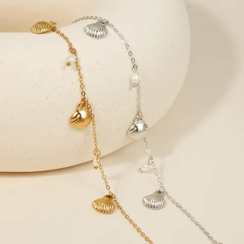 Ocean Style 304 Stainless Steel Shell Pendant Bracelet With Artificial Pearl PVD Gold Plated Fashion Jewelry For Women