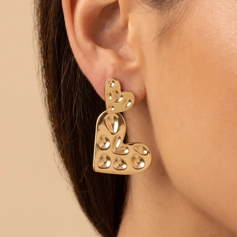 316 Stainless Steel Double Heart Drop Earrings PVD Gold Silver Plated Hammered Texture Geometric Heart Earrings For Women