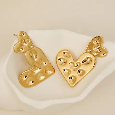 316 Stainless Steel Double Heart Drop Earrings PVD Gold Silver Plated Hammered Texture Geometric Heart Earrings For Women
