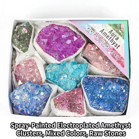 Scatola Regalo Cluster di Ametista Aura Colori Misti Pietre Energetiche in Cristallo Elettroplaccato Naturale per Decorazione Casa Ufficio