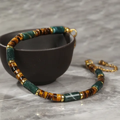Bohemian Natural Stone Adjustable Bracelet Women Indian Agate Tiger Eye Beaded Bracelet Gold Plated Alloy Handmade Jewelry