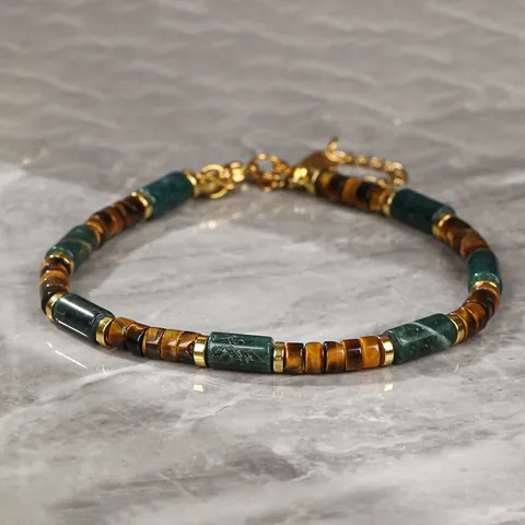 Bohemian Natural Stone Adjustable Bracelet Women Indian Agate Tiger Eye Beaded Bracelet Gold Plated Alloy Handmade Jewelry