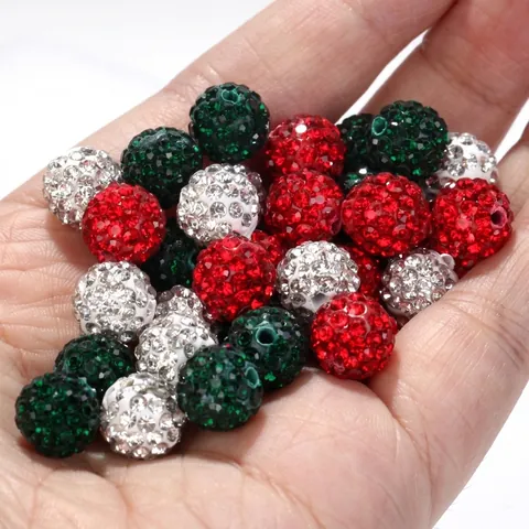 Christmas Colors 10mm Shamballa Beads Polymer Clay Pave Rhinestone Loose Round Straight Hole Beads For DIY Jewelry Making