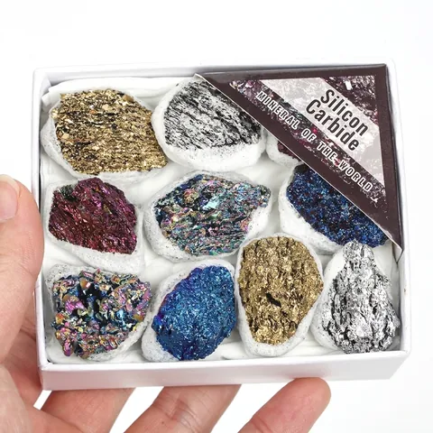 Natural Silicon Carbide Mineral Specimen Box Electroplated Mixed Color Raw Stones Treasure Bowl Crystal Ore Decor For Home Office Gift