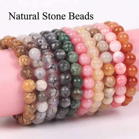European Style Natural Stone Bead Bracelet For Men Women Handmade Elastic Healing Gemstone Moss Agate Bracelet Jewelry Gift