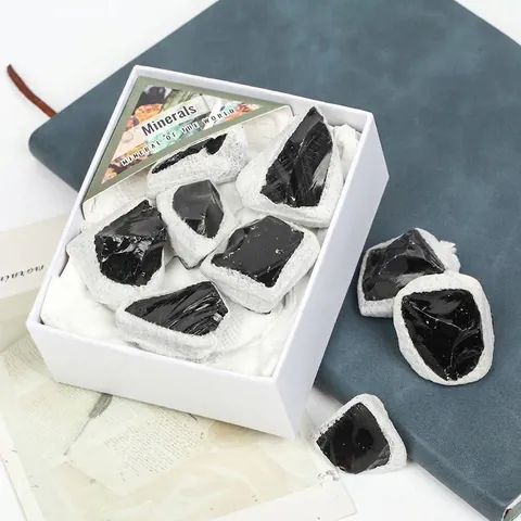 Juego de Caja de Regalo de Especímenes Minerales de Piedra en Bruto de Obsidiana Negra Natural Para Decoración de Escritorio de Oficina en Casa Adorno de Cristal Curativo