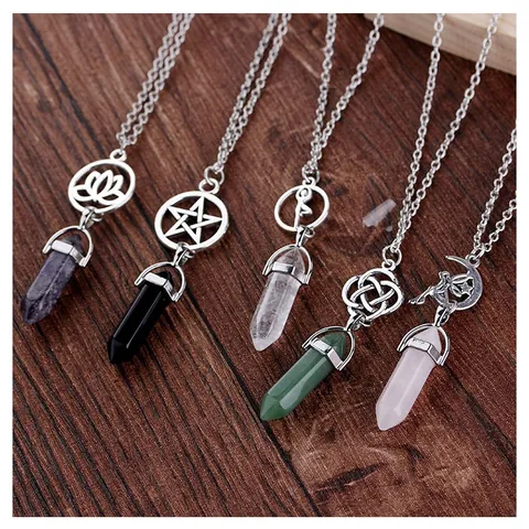 Natural Stone Hexagonal Prism Pendant Necklace With Silver Alloy Hollow Symbols Yoga Lotus Moon Fairy Charms Jewelry Gift For Women