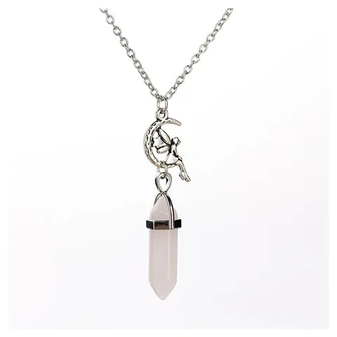 Natural Stone Hexagonal Prism Pendant Necklace With Silver Alloy Hollow Symbols Yoga Lotus Moon Fairy Charms Jewelry Gift For Women