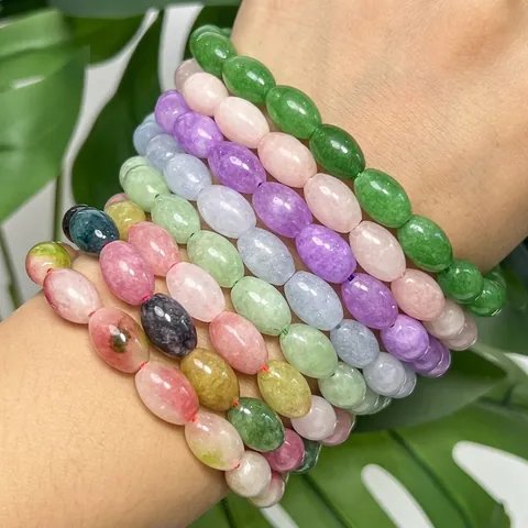 Multi-Color Chalcedony Rice-Shaped Beads Polished Oval Gemstone Spacer Beads For DIY Bracelet Necklace Jewelry Making Handmade Materials