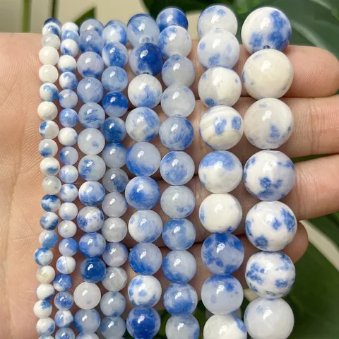Natural Persian Jade Chalcedony Blue White Round Beads For DIY Jewelry Making Bracelet Necklace Handcraft Stone Beads