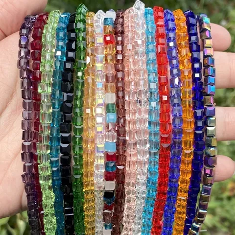 Faceted Square Glass Beads Synthetic Crystal Cube Loose Beads Pearlescent Spacer Beads For DIY Jewelry Making Accessories Handmade Material
