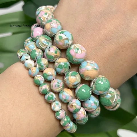 Natürliche See-Muschel-Jaspis-Stein Runde Lose Perlen Für DIY-Schmuckherstellung Halsketten Armbänder Gemischte Farbige Steinperlen