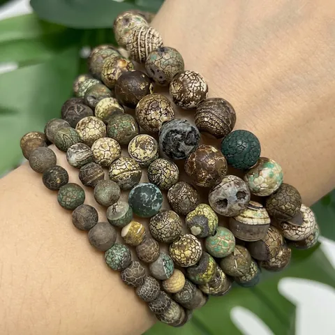 Natural Green Coffee Old Agate Round Beads For DIY Jewelry Making Weathered Dragon Vein Stone Beads Bracelet Necklace Material
