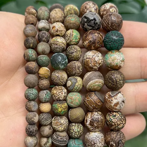 Natural Green Coffee Old Agate Round Beads For DIY Jewelry Making Weathered Dragon Vein Stone Beads Bracelet Necklace Material