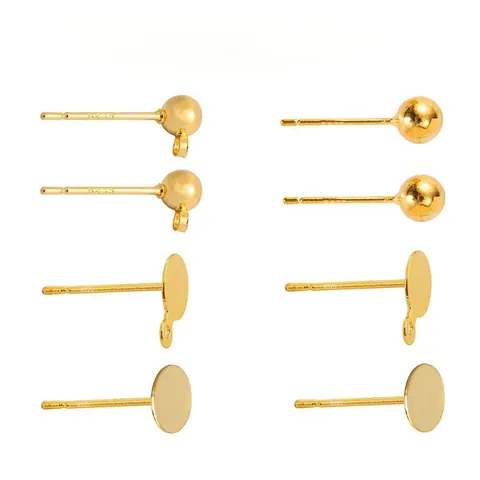 Copper DIY Earring Post Findings 18K Gold Plated Ball Head Flat Base Blanks With Loop For Pearl Earring Handmade Making