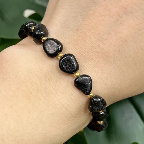 Handmade Natural Black Tourmaline Bracelet Adjustable Braided Rope Bracelet With Gold Rice Beads For Women Men Natural Stone Jewelry