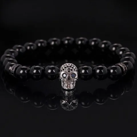 Natural Stone Round Beads Skull Bracelet For Men Women Micro-pave Rhinestone Gothic Punk Elastic Hand Chain Jewelry Gift