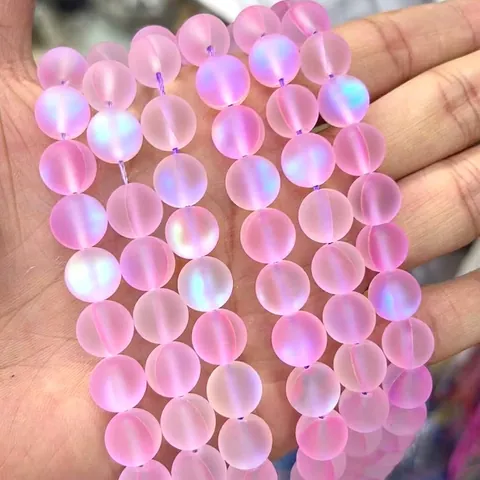 Frosted Pink Flash Stone Round Loose Beads Synthetic Moonstone Aurora Beads For Handmade DIY Jewelry Making Accessories