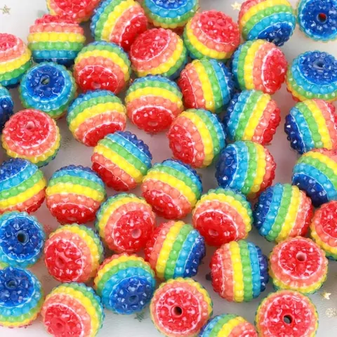 20mm Acrylic Rainbow Striped Rhinestone Ball Beads Colorful Round Spacer Beads For DIY Jewelry Making Handmade Accessories