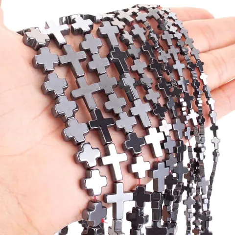 Natural Black Hematite Cross Beads For DIY Jewelry Making Polished Cross Shaped Loose Beads Religious Strands For Necklaces Bracelets Accessories