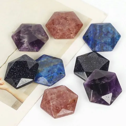 Natural Stone Hexagonal Faceted Pendant Lapis Lazuli Amethyst Strawberry Quartz Blue Sandstone DIY Jewelry Accessories