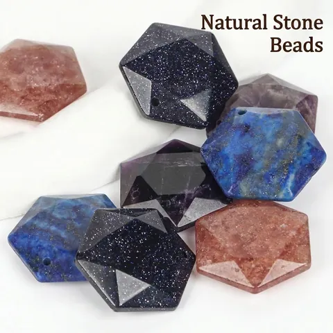 Natural Stone Hexagonal Faceted Pendant Lapis Lazuli Amethyst Strawberry Quartz Blue Sandstone DIY Jewelry Accessories