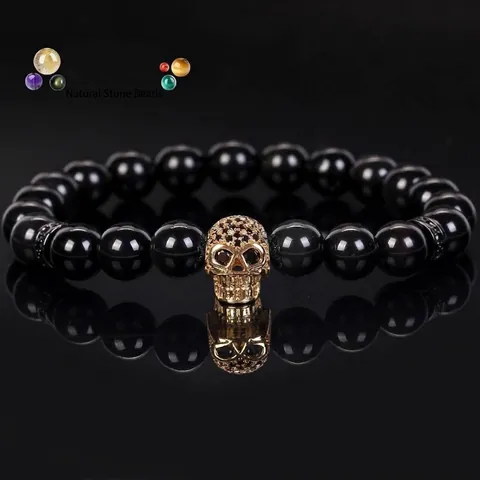 Natural Stone Round Beads Skull Bracelet For Men Women Micro-pave Rhinestone Gothic Punk Elastic Hand Chain Jewelry Gift
