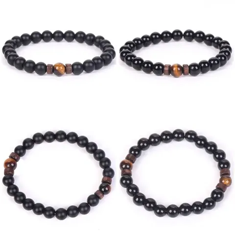 Ethnic Style Matte Black Onyx Lava Stone Beaded Bracelet With Yellow Tiger Eye Wood Spacers Retro Handmade Unisex Jewelry