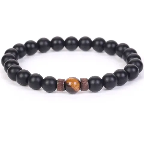 Ethnic Style Matte Black Onyx Lava Stone Beaded Bracelet With Yellow Tiger Eye Wood Spacers Retro Handmade Unisex Jewelry