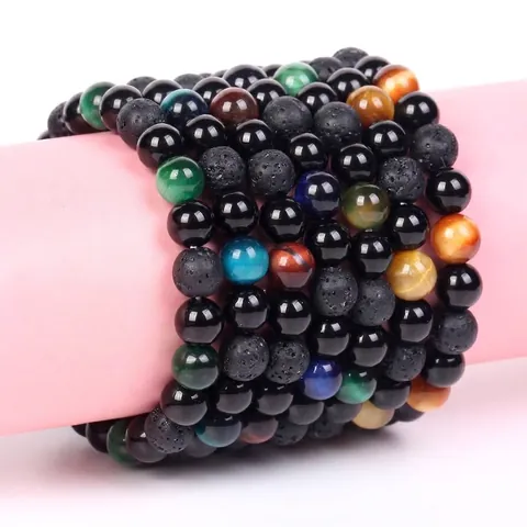 Natural Tiger Eye And Volcanic Lava Stone Beaded Bracelet For Women Men Minimalist Handmade 8mm Stone Elastic Hand Chain Jewelry Daily Gift