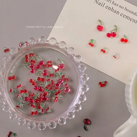 3D Resin Cherry Nail Art Charms Cute Fruit Manicure Decorations Ice Transparent Red Cherry Nail Drills Jewelry 20pcs Pack