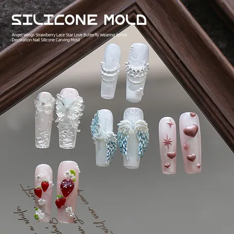 3D Siliconen Nagelkunst Reliëf Vorm Strik Hart Ster Aardbei Vleugel Kant Ontwerp DIY Nagel Decoratie Gereedschap