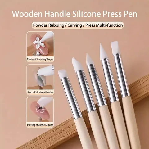 Professional Wood Handle Silicone Nail Art Embossing Pens 5 Tip Shapes For Powder Rubbing Painting Manicure Tool Set