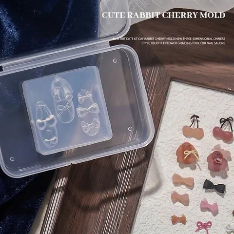 3D Cute Rabbit Cherry Bowknot Nail Art Silicone Mold PVC DIY Modeling Tool For Nail Carving Decoration Accessories