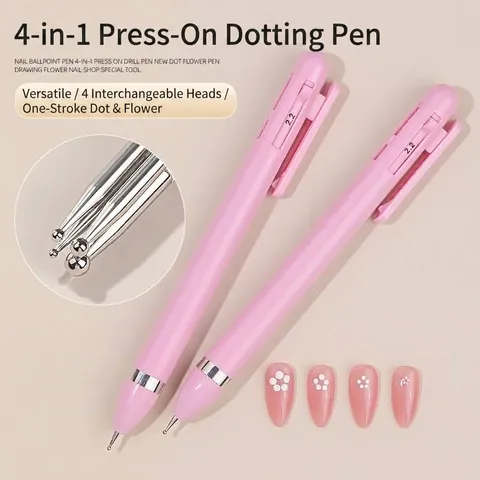 Pink 4 In 1 Nail Dotting Pen Press Rotating Manicure Tool For Rhinestones Dotting DIY Nail Art Decoration Professional Beauty Tool