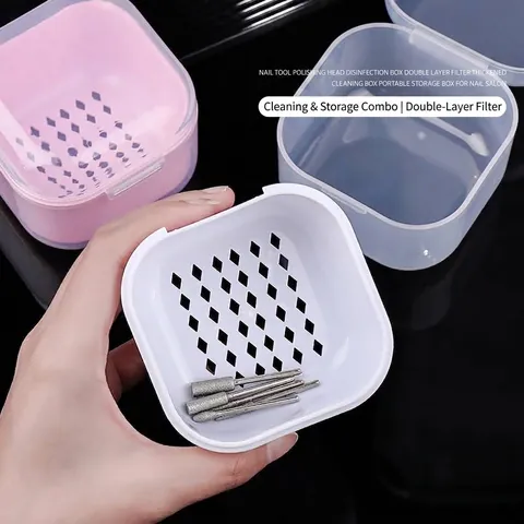 Scatola di Disinfezione per Punte di Trapano per Unghie Portatile Professionale Custodia in Plastica a Doppio Strato con Filtro
