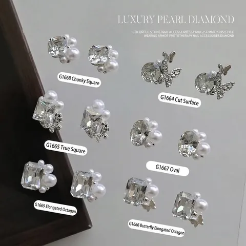 Luxury Alloy Rhinestone Artificial Pearl Nail Art Charms Butterfly Geometric Metal Nail Decorations Silver White Sparkling Manicure DIY Accessories