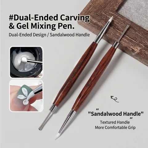 Pennello per Nail Art a Doppia Punta con Manico in Sandalo Penna in Silicone per Intaglio Strumento di Miscelazione Gel per Salone