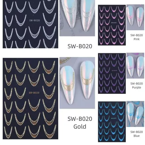 Glitter Gradient French Nail Stickers Gold Silver Pink Blue Purple Smile Line Fine Flash Self Adhesive Nail Art Decals DIY Manicure Tips Decoration