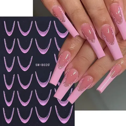 Glitter Gradient French Nail Stickers Gold Silver Pink Blue Purple Smile Line Fine Flash Self Adhesive Nail Art Decals DIY Manicure Tips Decoration