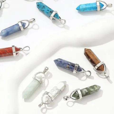 Natuursteen Zeshoekig Prisma Hanger Legering DIY Ketting Sieraden Maken Accessoires Dubbele Punt Edelsteen Hangers