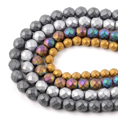 Matte Faceted Hematite Beads Loose Strand Electroplated Rainbow Gold Silver Black Stone Spacer Beads For DIY Jewelry Making Accessories
