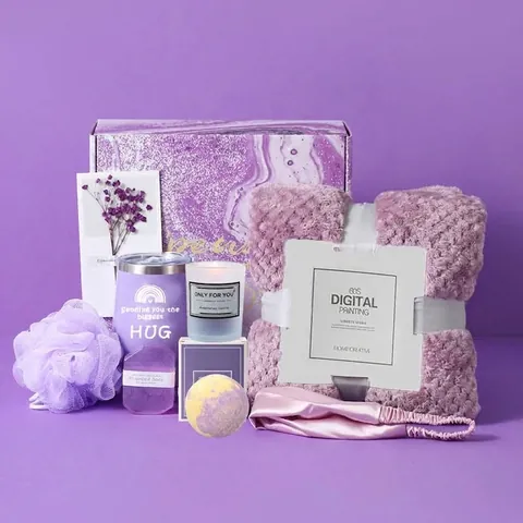 Lila Spa Geschenkset Für Frauen Edelstahl Isoliertbecher Duftkerze Flanelldecke Seife Schlafmaske Set Geburtstag Geschenk