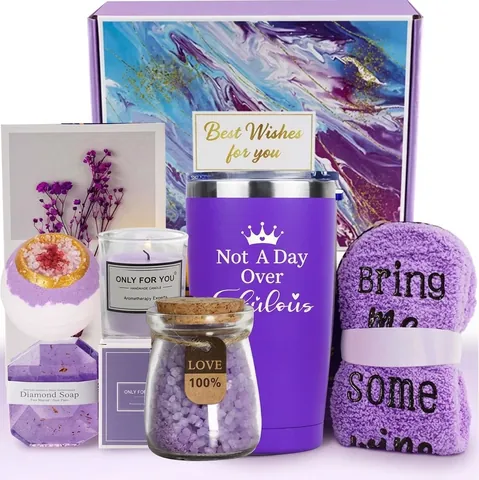Lila Lavendel Spa Geschenkkorb Set Für Damen Edelstahl Becher Duftkerze Herz Badebombe Diamant Seife Geburtstag Entspannung Kit