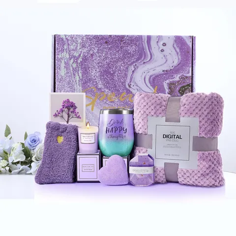 Lila Spa Geschenkset Für Frauen Edelstahl Isoliertbecher Duftkerze Flanelldecke Seife Schlafmaske Set Geburtstag Geschenk