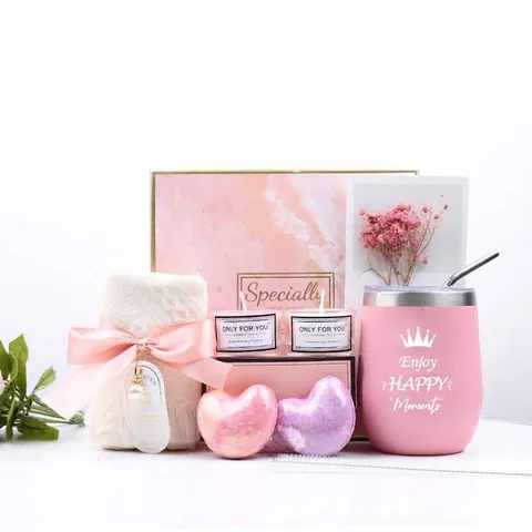 Caja De Regalo Rosa Con Vaso De Acero Inoxidable Vela Aromática Bomba De Baño Toalla Kit De Spa Regalo De Cumpleaños Para Mujer