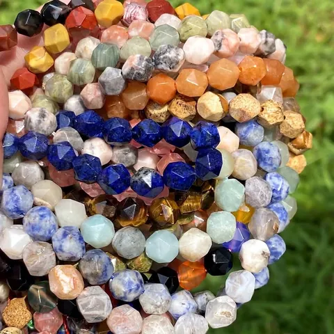 Natural Stone Diamond Cut Faceted Loose Beads For DIY Jewelry Making Rose Quartz Tiger Eye Agate Gemstone Beads Accessory