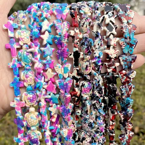 Camouflage Synthetic Turquoise Beads Strand For DIY Jewelry Making Turtle Cross Star Butterfly Shaped Loose Spacer Beads
