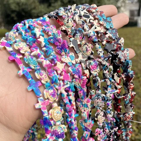 Camouflage Synthetic Turquoise Beads Strand For DIY Jewelry Making Turtle Cross Star Butterfly Shaped Loose Spacer Beads