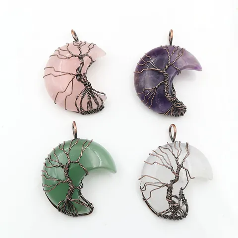 Collana con Ciondolo a Luna in Pietra Naturale Albero della Vita Avvolto nel Filo Fatto a Mano per Donna Gioielli Retro Pietra Curativa